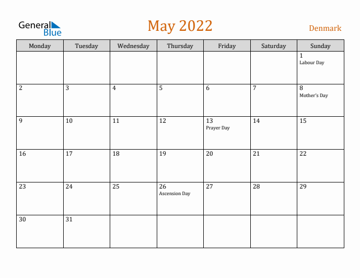 May 2022 Holiday Calendar with Monday Start