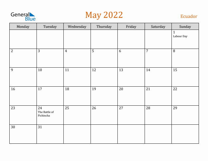 May 2022 Holiday Calendar with Monday Start