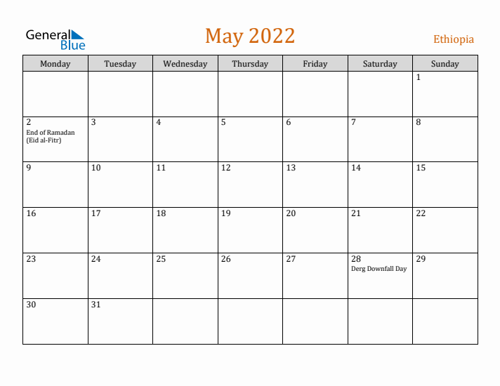 May 2022 Holiday Calendar with Monday Start