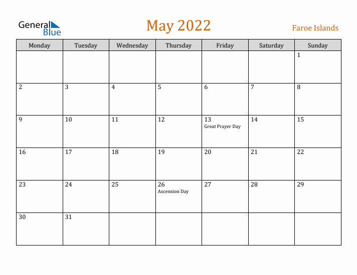 May 2022 Holiday Calendar with Monday Start