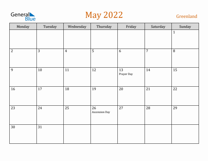 May 2022 Holiday Calendar with Monday Start