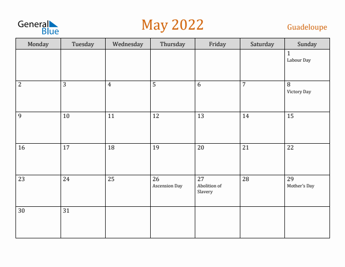 May 2022 Holiday Calendar with Monday Start