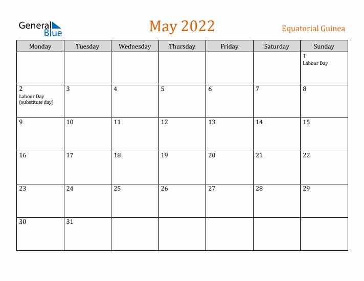 May 2022 Holiday Calendar with Monday Start