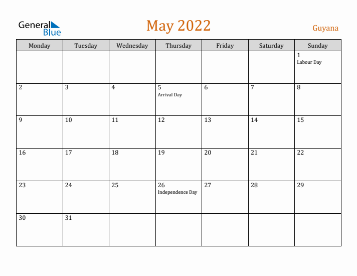 May 2022 Holiday Calendar with Monday Start