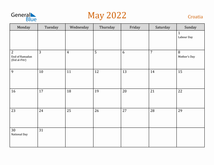 May 2022 Holiday Calendar with Monday Start