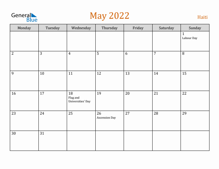 May 2022 Holiday Calendar with Monday Start