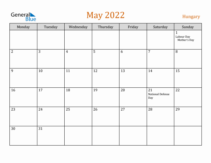 May 2022 Holiday Calendar with Monday Start