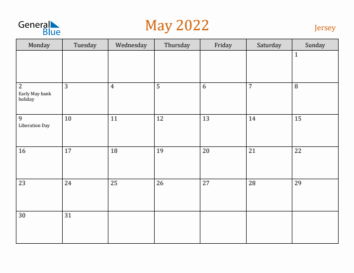 May 2022 Holiday Calendar with Monday Start