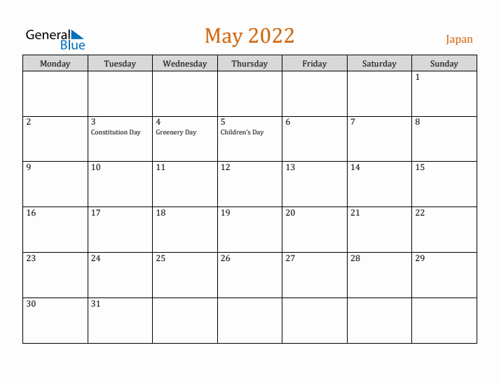 May 2022 Holiday Calendar with Monday Start