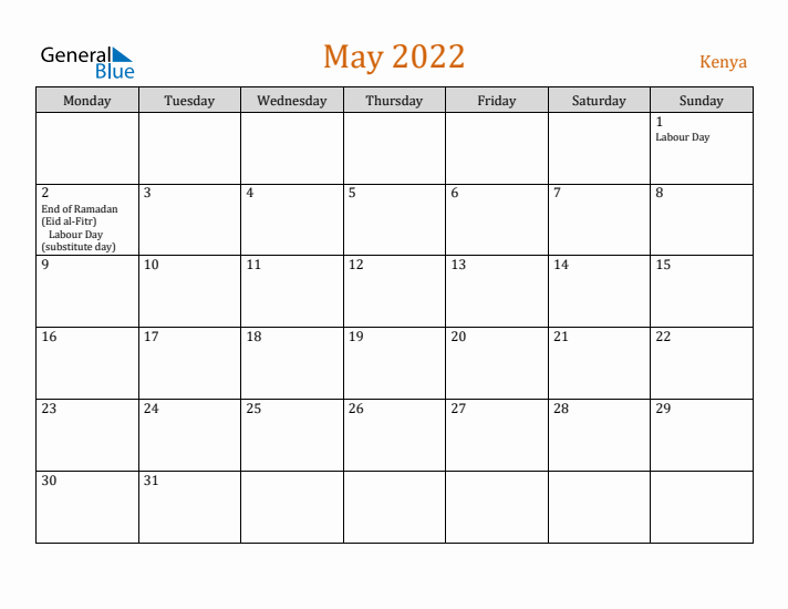 May 2022 Holiday Calendar with Monday Start