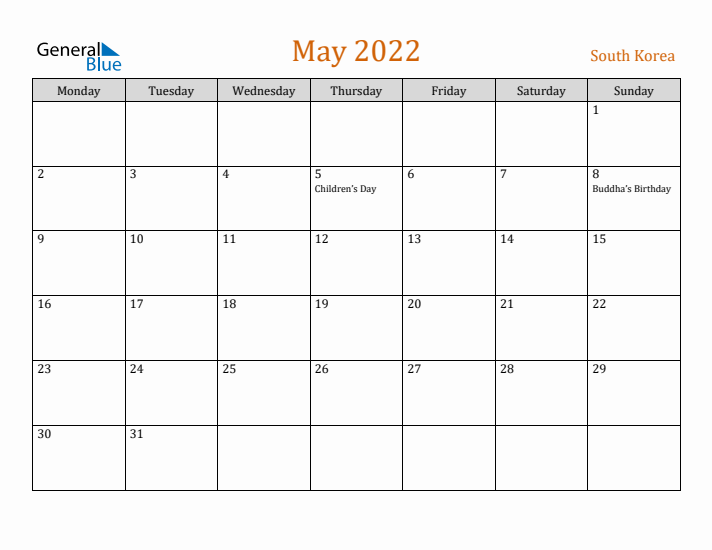 May 2022 Holiday Calendar with Monday Start