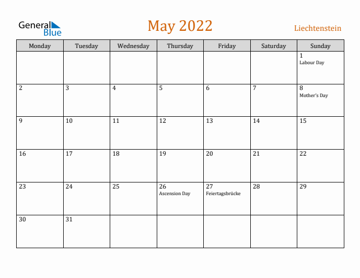 May 2022 Holiday Calendar with Monday Start