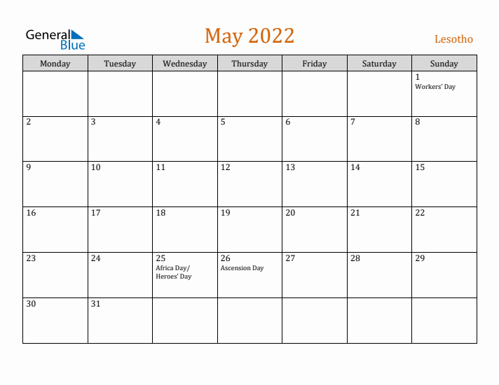 May 2022 Holiday Calendar with Monday Start