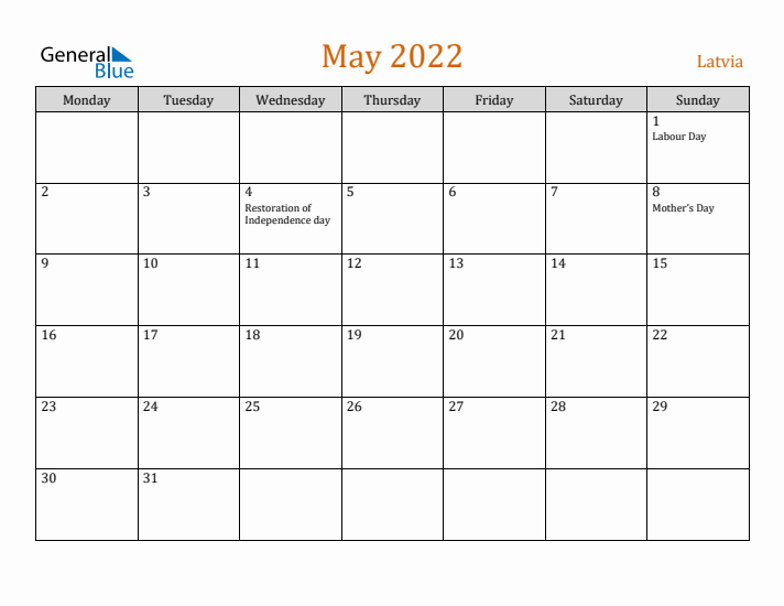 May 2022 Holiday Calendar with Monday Start