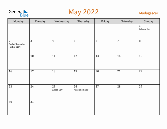 May 2022 Holiday Calendar with Monday Start