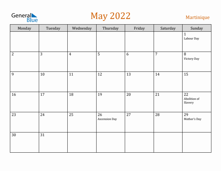 May 2022 Holiday Calendar with Monday Start