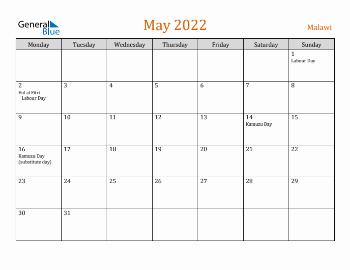 May 2022 Holiday Calendar with Monday Start