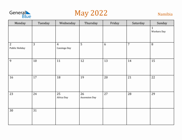 May 2022 Holiday Calendar with Monday Start