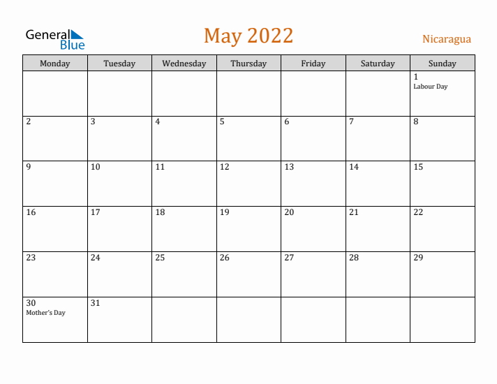 May 2022 Holiday Calendar with Monday Start