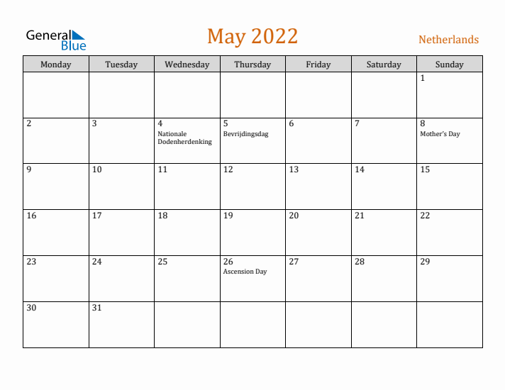 May 2022 Holiday Calendar with Monday Start