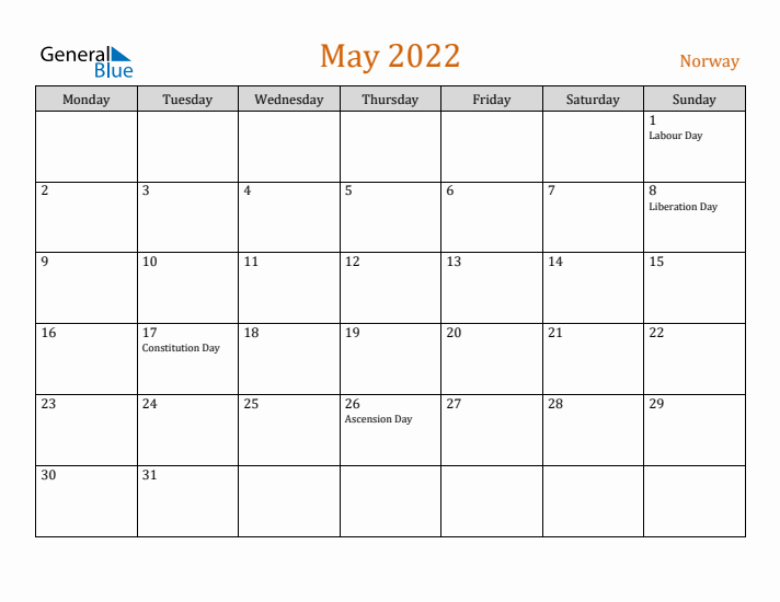 May 2022 Holiday Calendar with Monday Start