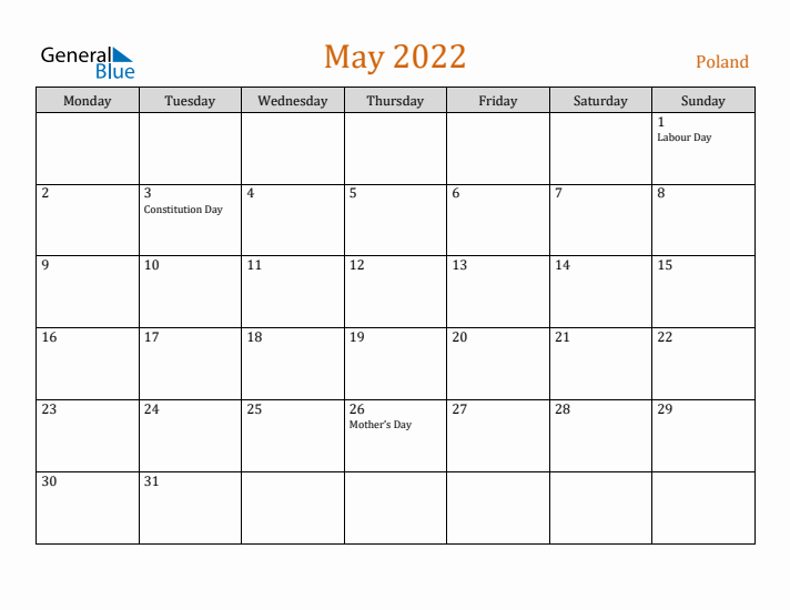 May 2022 Holiday Calendar with Monday Start