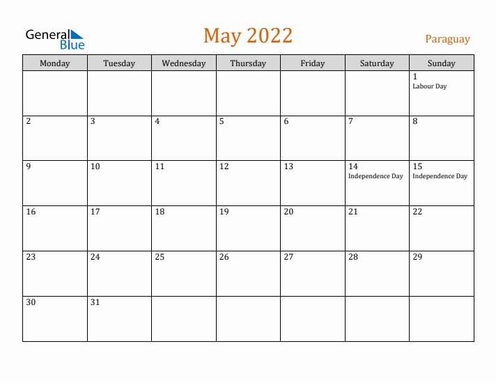 May 2022 Holiday Calendar with Monday Start