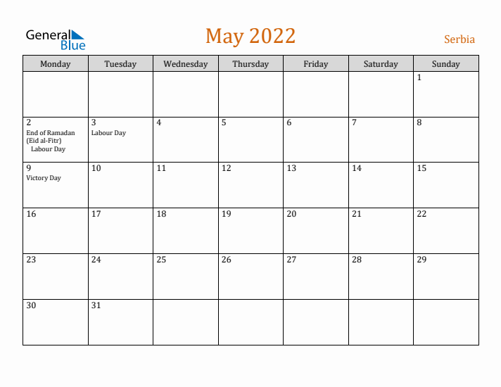 May 2022 Holiday Calendar with Monday Start