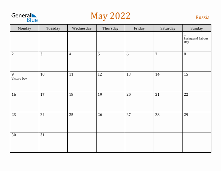 May 2022 Holiday Calendar with Monday Start