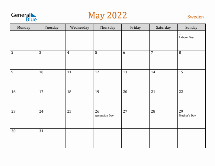 May 2022 Holiday Calendar with Monday Start