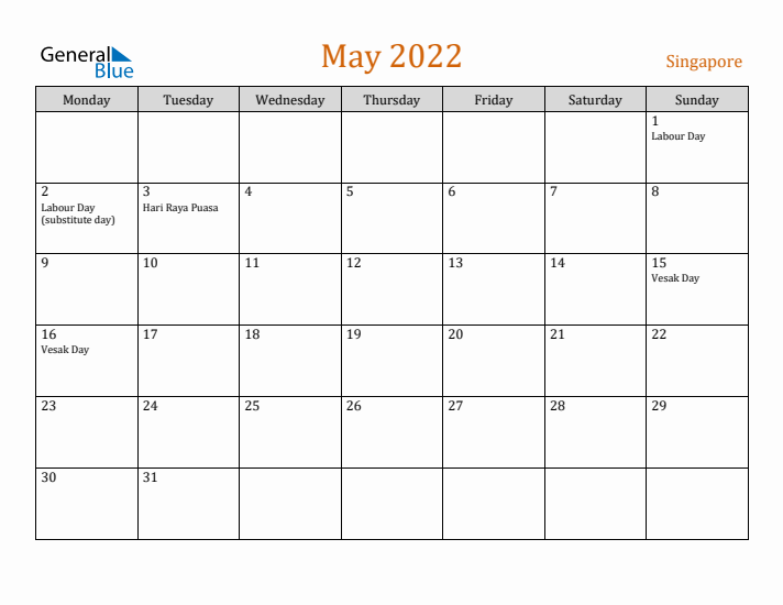 May 2022 Holiday Calendar with Monday Start