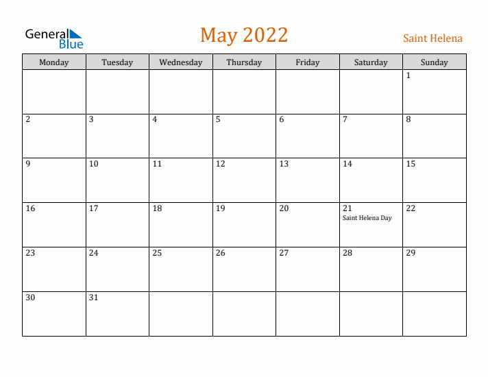 May 2022 Holiday Calendar with Monday Start