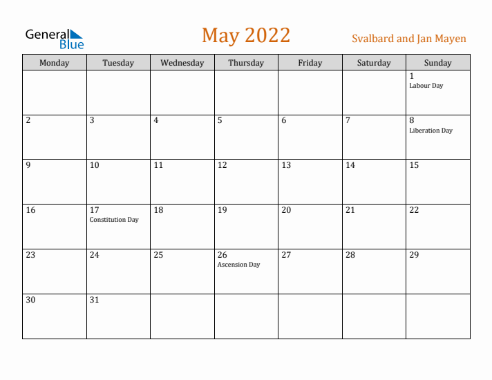 May 2022 Holiday Calendar with Monday Start