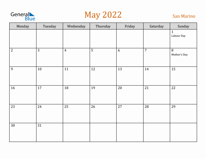 May 2022 Holiday Calendar with Monday Start