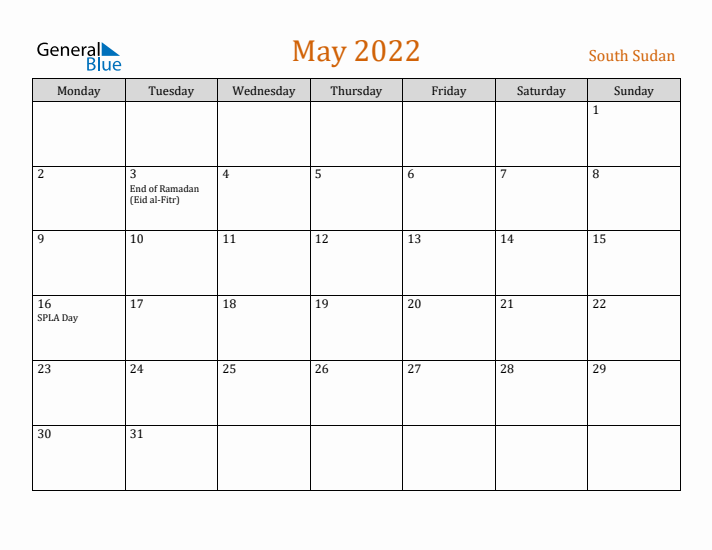 May 2022 Holiday Calendar with Monday Start