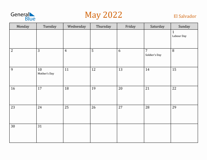 May 2022 Holiday Calendar with Monday Start