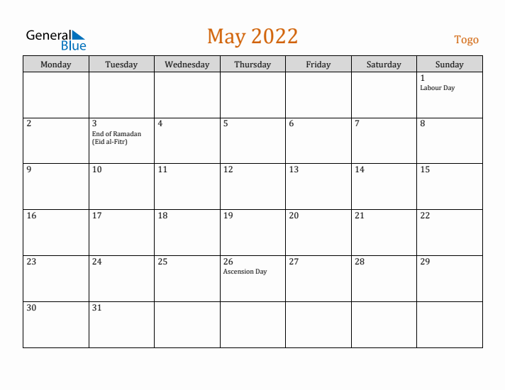 May 2022 Holiday Calendar with Monday Start