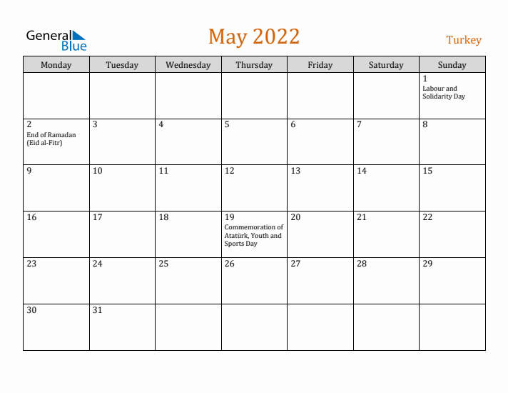 May 2022 Holiday Calendar with Monday Start