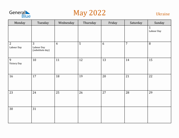 May 2022 Holiday Calendar with Monday Start