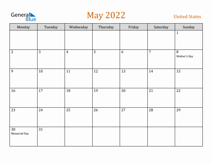 May 2022 Holiday Calendar with Monday Start