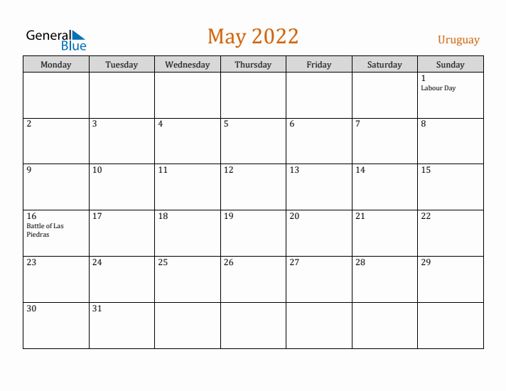 May 2022 Holiday Calendar with Monday Start