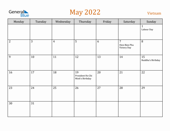 May 2022 Holiday Calendar with Monday Start