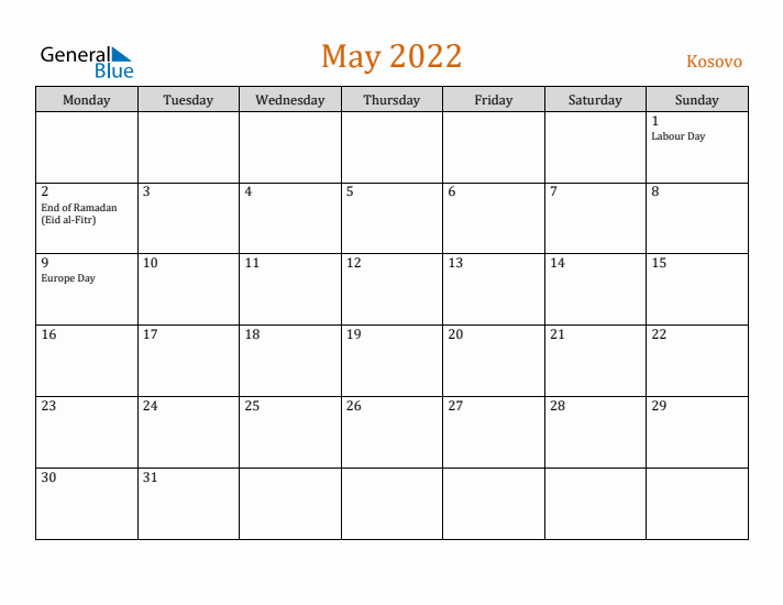 May 2022 Holiday Calendar with Monday Start