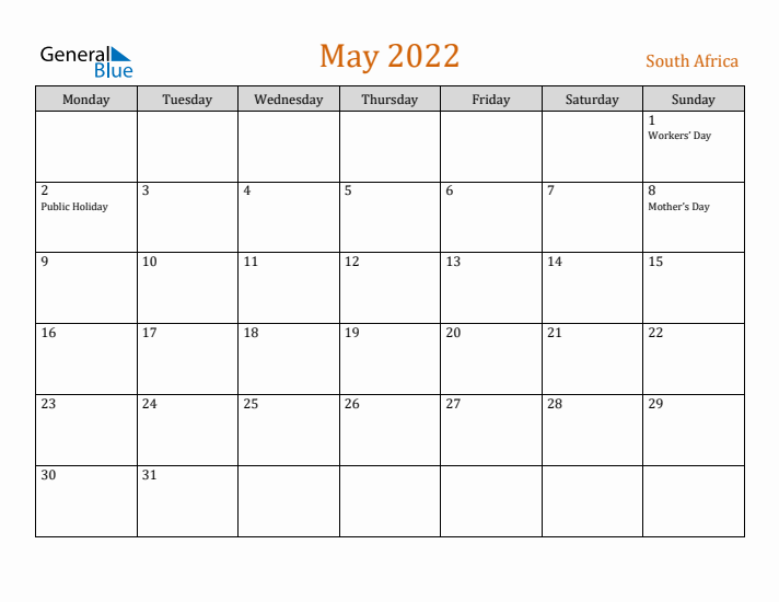 May 2022 Holiday Calendar with Monday Start