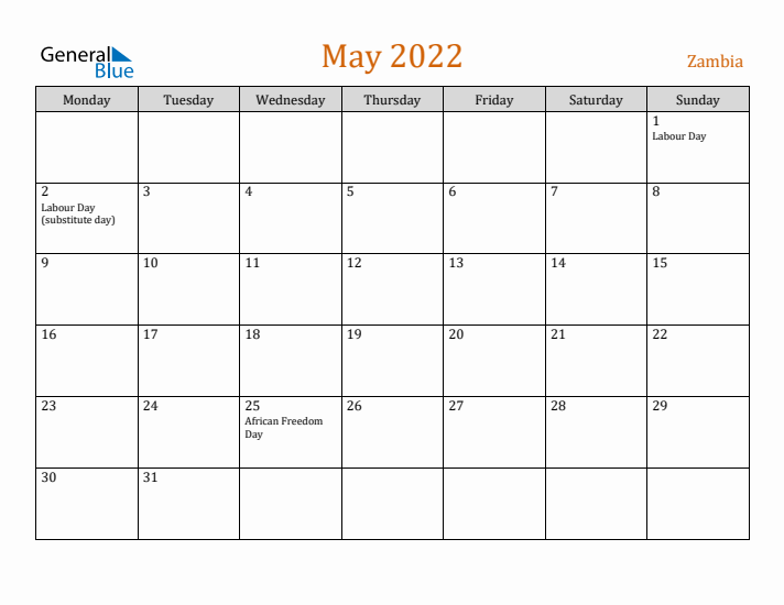 May 2022 Holiday Calendar with Monday Start