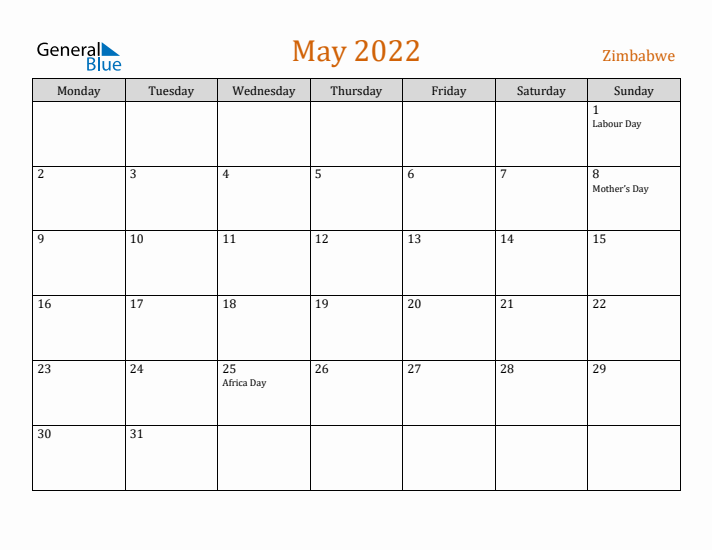 May 2022 Holiday Calendar with Monday Start