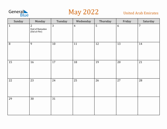 May 2022 Holiday Calendar with Sunday Start