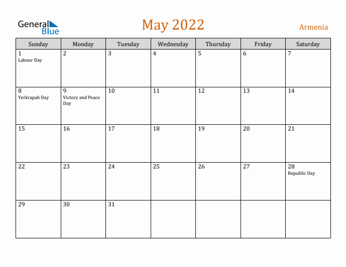 May 2022 Holiday Calendar with Sunday Start