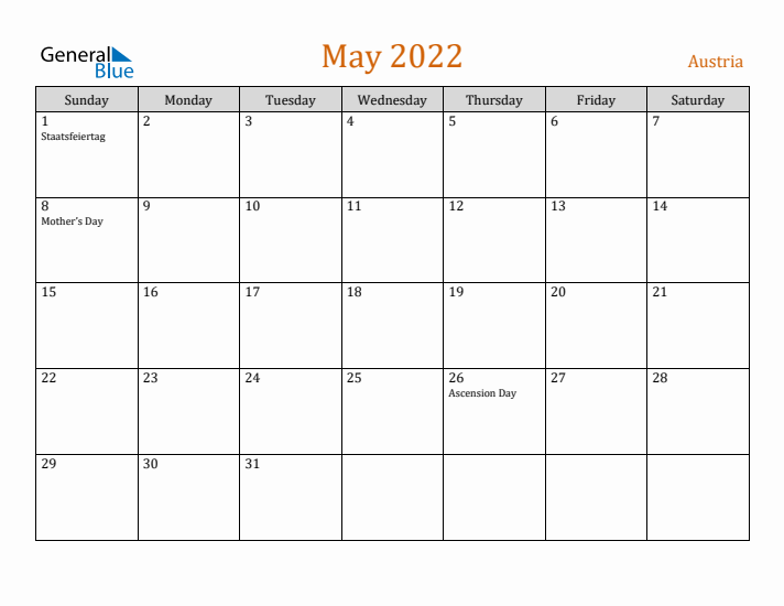 May 2022 Holiday Calendar with Sunday Start