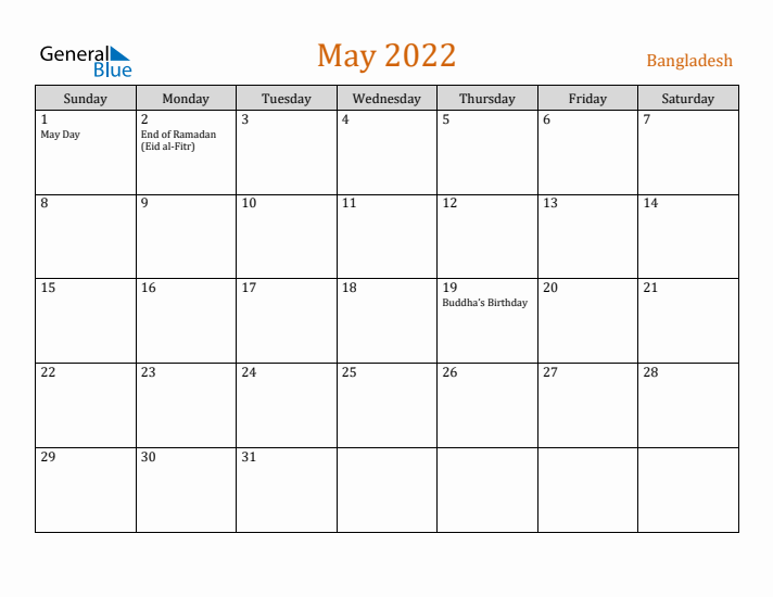 May 2022 Holiday Calendar with Sunday Start